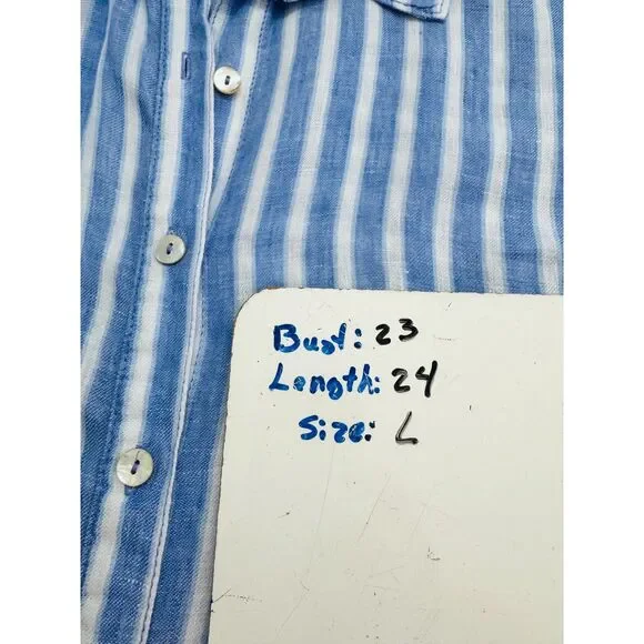 Sigrid Olsen 100% linen crop button up shirt blue stripe coastal beach women L - Picture 7 of 7